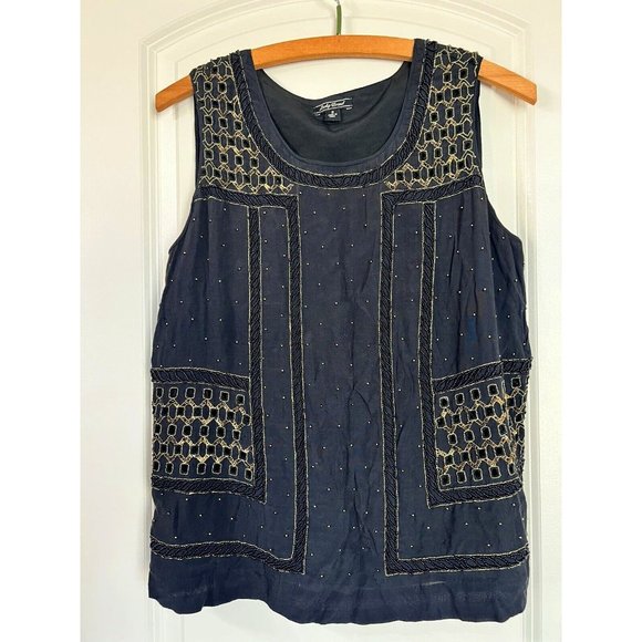 Lucky Brand Beaded Crepe Tank Black Small Retails $129 Embellished Womens Top‎ - Picture 1 of 11